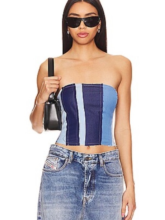 More To Come Tops - Denim Stripe Blue Corset Top